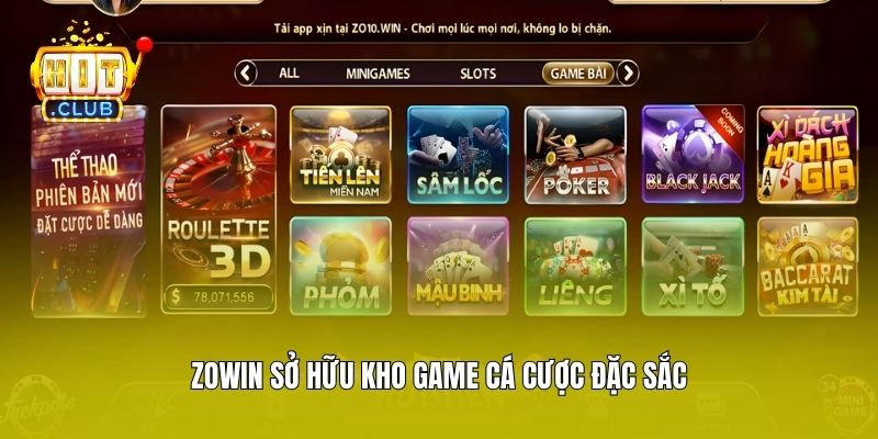 Zowin sở hữu kho game cá cược đặc sắc